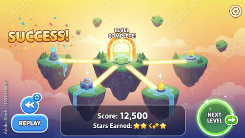 Vibrant digital illustration of a fantasy game level complete screen with floating islands, glowing beams, and a colorful sunset background, conveying a sense