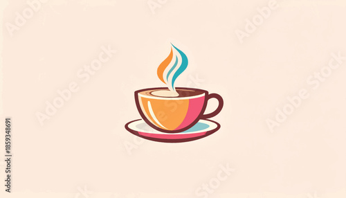 Colorful Coffee Cup Logo Design with Steam Illustration.