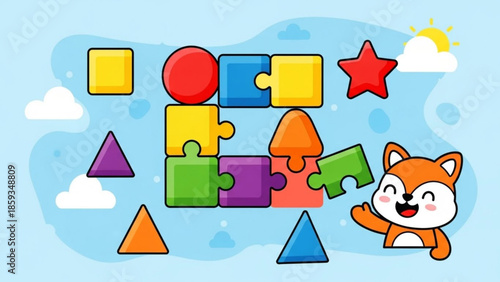 Colorful puzzle pieces with cartoon fox on light blue background with clouds and sun