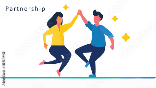 Partnership teamwork concept with happy people high fiving each other in flat illustration style