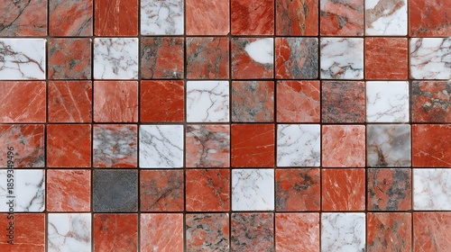 A captivating mosaic of natural stone tiles features a striking red and white marble pattern. This textured square background offers an elegant design for modern interior decor.