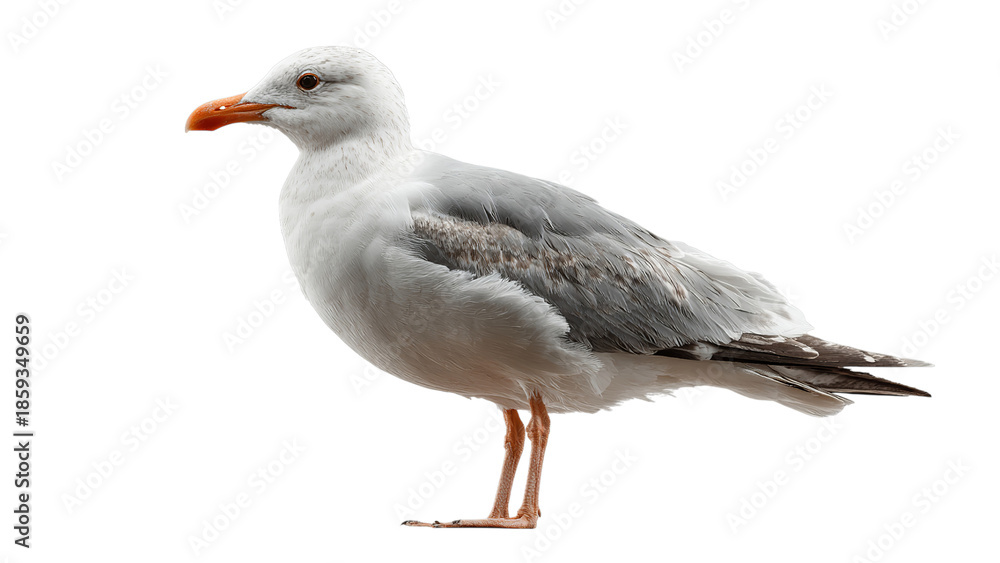 Obraz premium A detailed profile shot of a seagull with a gray and white plumage and an orange beak on a transparent background.