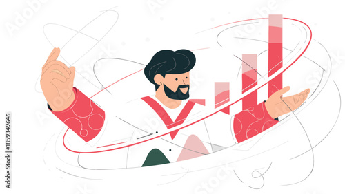 Contemporary flat illustration of a man analyzing business data with graphs and charts