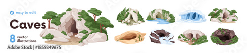 Set of caves. Natural caverns in forest, mountain, rocks. Stone burrow with rocky entrances, underground passages, holes. Burrow, den openings. Flat vector illustration isolated on white background