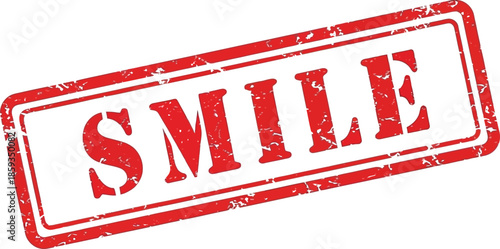 A distressed red rubber stamp displaying the word smile in bold uppercase lettering on a white background