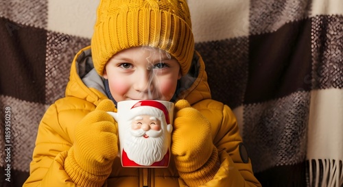 Smiling child in bright yellow winter jacket and knit hat holding festive Santa mug close to face, enjoying steaming hot chocolate and cozy warmth indoors after playing outside in the cold snowy weath
