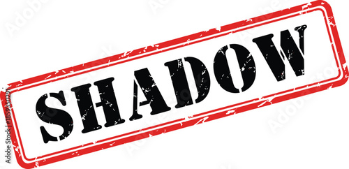 A red rectangular stamp with the word shadow boldly printed in black displaying a distressed texture