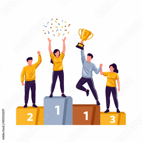 Diverse Team Celebrating Victory and Success on Podium with Trophy and Confetti