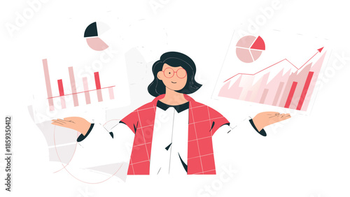 Businesswoman presenting data visualization charts and graphs, showcasing professional analysis and statistics in a modern office setting