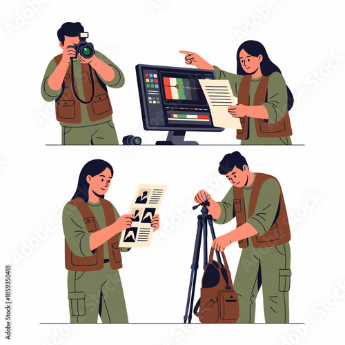 Professional Photography Team Working Together on Creative Project with Camera Computer Editing and Tripod Setup