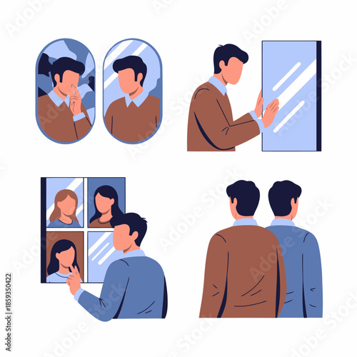 Self Reflection and Personal Growth Illustrated Man Examining Himself and Others in Mirrors and Reflections