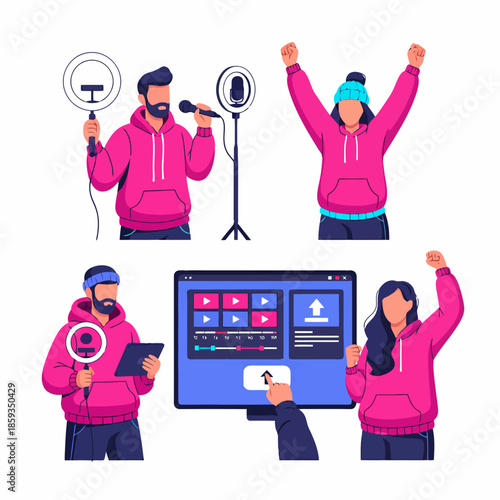 Vloggers and Content Creators Celebrating Success with Ring Lights Microphones and Uploading Videos Online