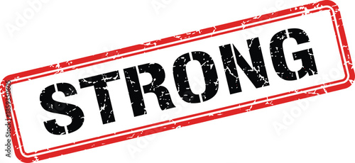 A distressed red stamp with the word strong boldly displayed in large black textured lettering is shown