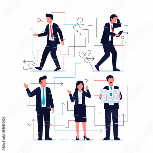 Business People Navigating Complex Maze of Decisions Strategy and Workflow Challenges