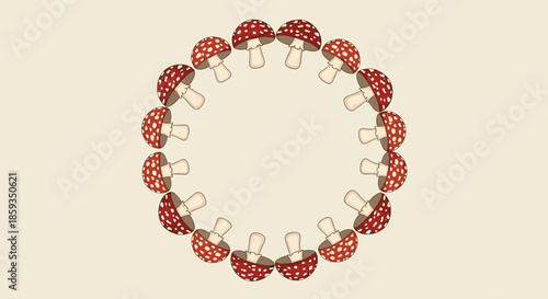 Decorative circular frame made of repetitive fly agaric red mushrooms for forest themed borders and autumn nature designs.