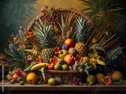 An abundant display of fresh tropical and temperate fruits including pineapples, kiwi, apples, and mango. Lush green foliage creates a vibrant and natural still life composition on a wooden table.