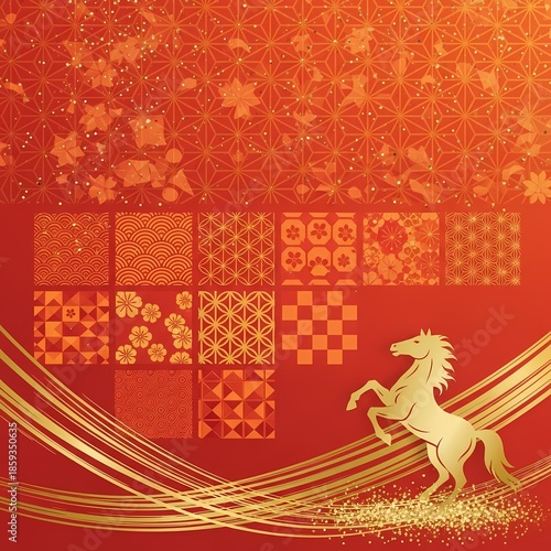 Wallpaper Mural Majestic Golden Rearing Stallion over Ornate Red Japanese Patterned Backdrop Torontodigital.ca