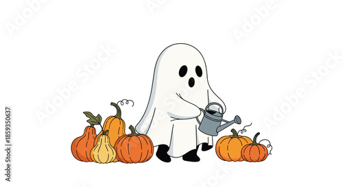 Cute little ghost holding a metal watering can standing among various orange pumpkins for a friendly Halloween theme.