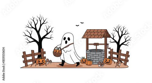 Halloween night scene with a ghost carrying a pumpkin basket near a stone well, dead trees, and carved jack-o-lanterns.