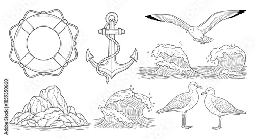 Nautical themed sketches including an anchor with rope, lifebuoy, flying seagulls, crashing ocean waves, and rocky shore.