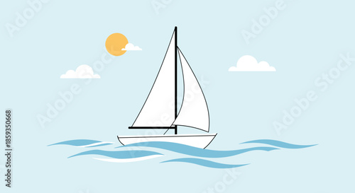 Simple sailboat with white sails gliding on blue ocean waves under a bright yellow sun and fluffy clouds in the sky.