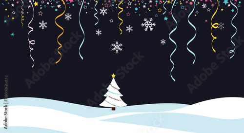 Festive winter night scene with a small decorated Christmas tree in the snow under falling colorful confetti and snowflakes.