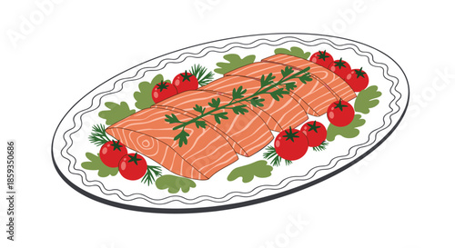 Healthy platter of cooked salmon fillets garnished with red cherry tomatoes, fresh green herbs, and leafy greens on a white dish.
