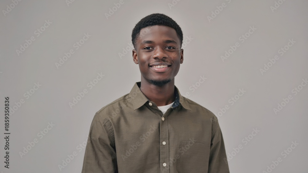 Obraz premium Young man smiling in olive shirt against gray background