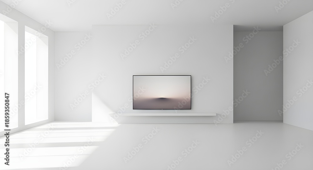 Fototapeta premium Ultra minimalist white empty room with wall-mounted TV mockup. Clean architectural space with bright natural sunlight, shadows, and futuristic gallery aesthetic.