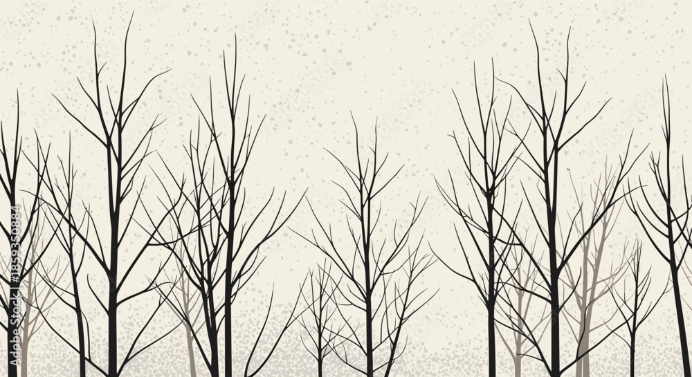 Fototapeta premium Silhouette of bare tree branches against a textured pale background creating a minimalist winter forest landscape.