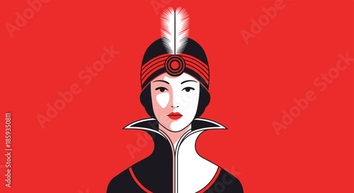 Art deco style portrait of a sophisticated woman wearing a black and red outfit with a feathered headband against a bold red background.