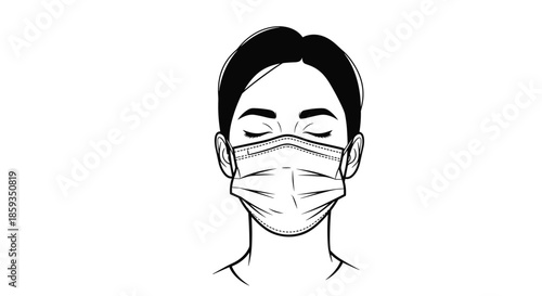 Black and white portrait of a woman with closed eyes wearing a pleated medical face mask for protection and health safety awareness.