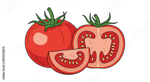 Collection of fresh red tomatoes including a whole fruit, a sliced half showing seeds, and a single wedge for food and cooking themes.