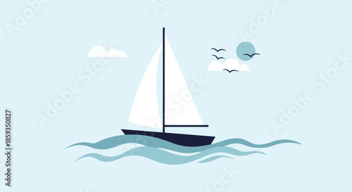 Simple illustration of a lone sailboat with white sails navigating calm blue water under a light blue sky with clouds and seagulls.