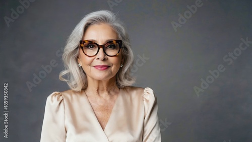 Older woman in satin blouse and tortoiseshell glasses on gray background