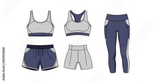 Women's athletic wear collection featuring sports bras, shorts, and leggings in grey and navy blue colors for fitness activities.