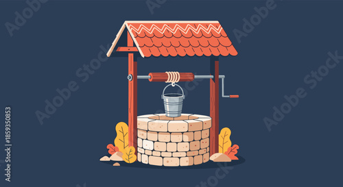 Traditional stone water well with a wooden roof and a metal bucket hanging over a dark background with autumn leaves.