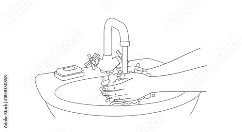 Instruction illustration showing hands being washed with soap under a running water faucet for hygiene and virus prevention protocols.