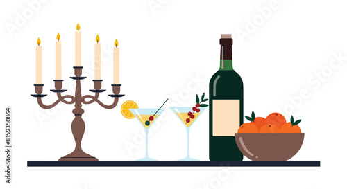 Elegant table setting with a five branch candelabra, a bottle of wine, martini cocktails, and a bowl of oranges.