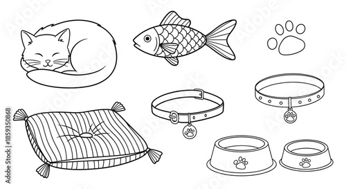 Line art collection of pet supplies for cats including a sleeping cat, fish, food bowls, cushions, and collars.