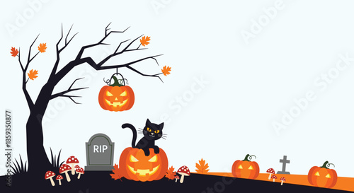 Spooky Halloween scene featuring carved pumpkins, a black cat, mushrooms, and a grave under a bare tree at night.