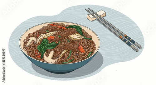 Appetizing bowl of stir fried noodles with beef, mushrooms, and green vegetables served with chopsticks on a textured blue mat.