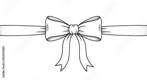 Detailed hand drawn illustration of a classic ribbon bow with long tails on a white background for gift themes.