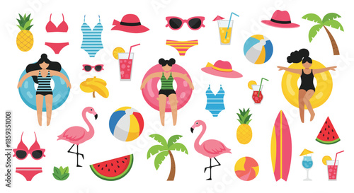Extensive collection of summer vacation items including swimsuits, sunglasses, drinks, fruit, flamingos, and people on floats.