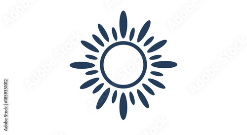 Simple stylized graphic of a sun with varying ray lengths in dark blue color on a white background for icons.