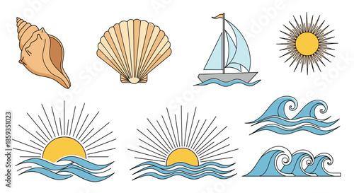 Comprehensive collection of nautical and beach themed vector illustrations including seashells, a sailboat, the sun, and ocean waves.