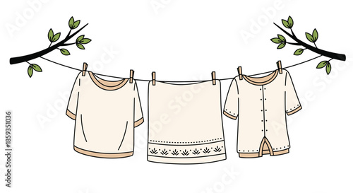 Whimsical illustration of baby clothes and a small towel hanging on a laundry line strung between two leafy tree branches outdoors.