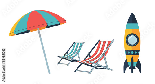 Vibrant beach vacation set featuring a colorful striped umbrella, two lounge chairs, and a retro toy rocket ship on white background.