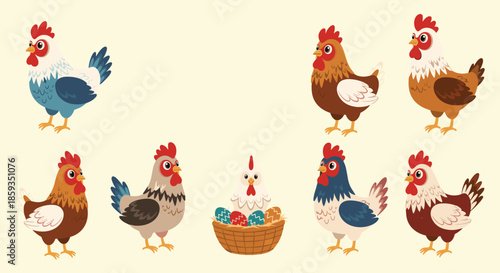 Various breeds of chickens and hens with colorful feathers standing together with a basket of painted easter eggs in the center.