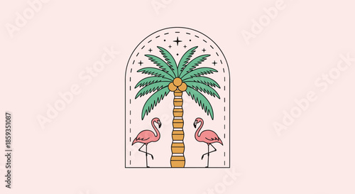 Tropical vacation emblem featuring a tall palm tree with coconuts and two pink flamingos framed by a minimalist arched border.